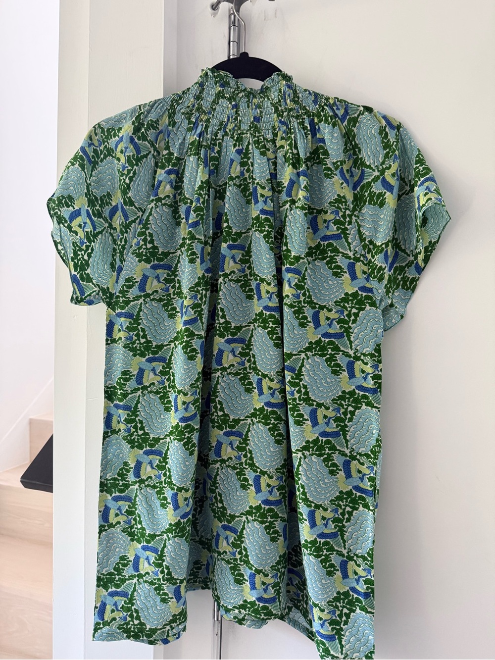 Rungolee Printed Smocked Silk Top — Green & Blue - Picture 2 of 3